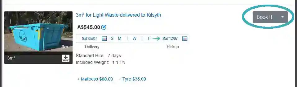 The Book it button is displayed in the skip bin service details panel